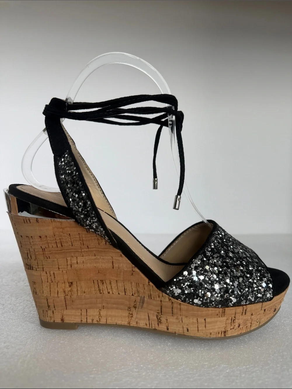 GUESS Edinna Black Glitter Cork Wedge Sandals Lace-Up Peep Toe Size 7